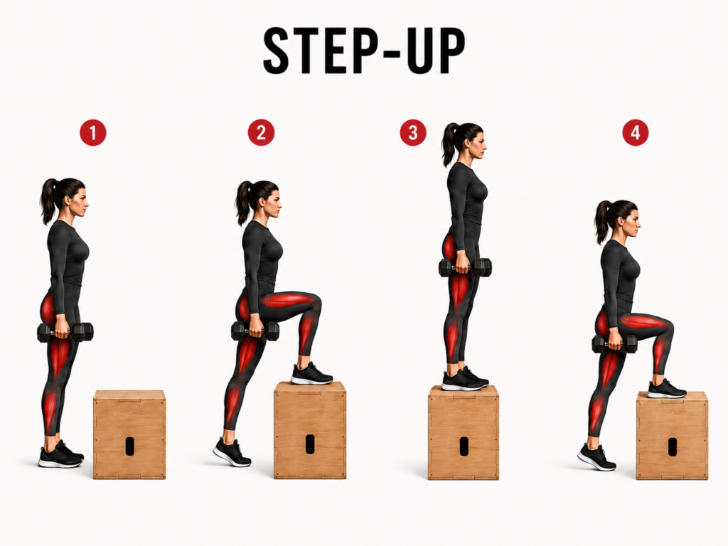 Step up proper form - women exercise for glutes, legs and stability
