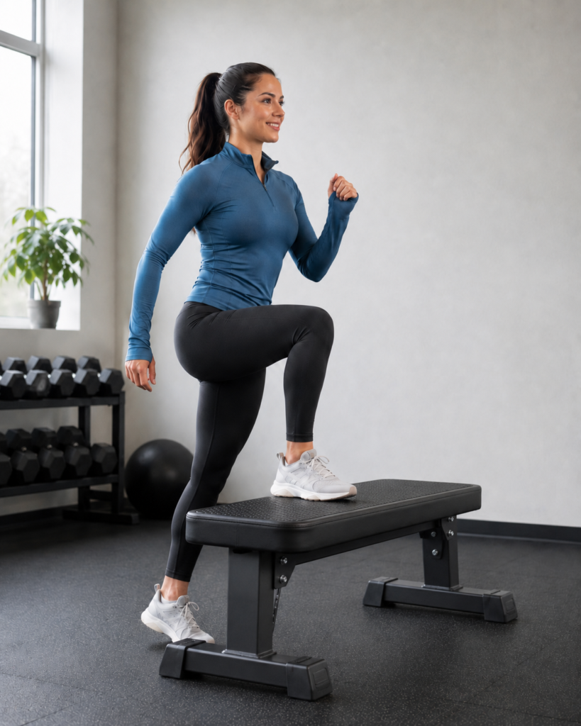 Woman doing step up to grow Glutes and improve stability